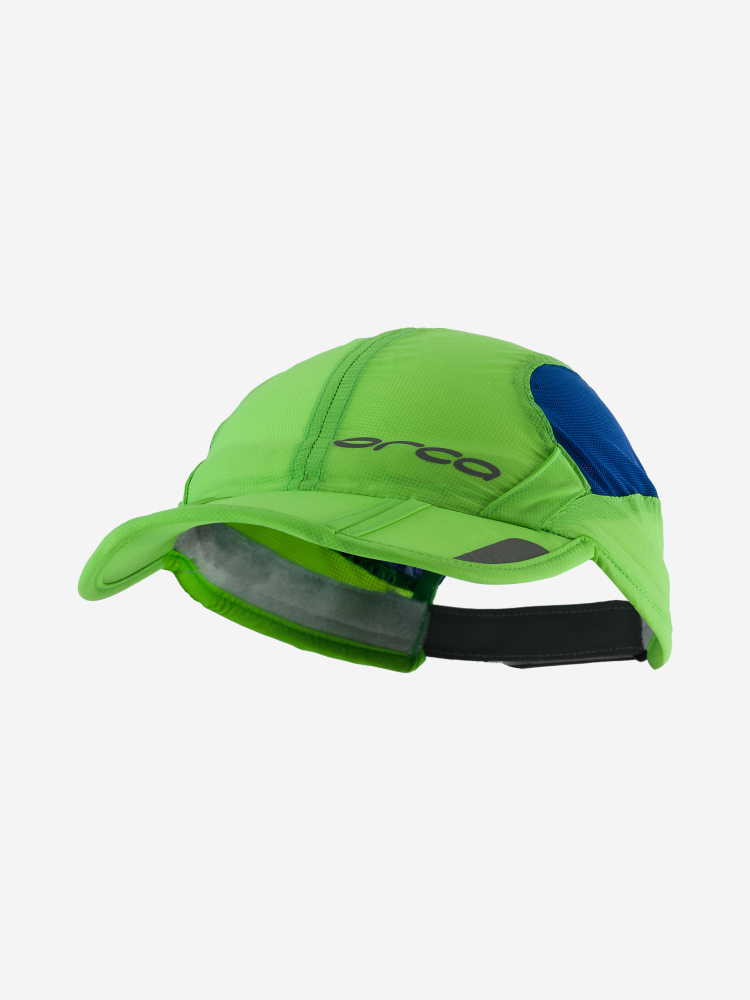 Imagen frontal de la visera doblable para triatlón Orca 2018 en color verde